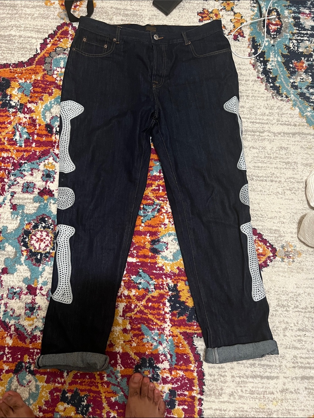Dark Blue Boyfriend Jeans with White Perforated Side Panels